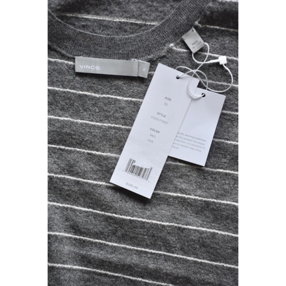 VINCE NWT 100% CASHMERE STRIPED BELL SLEEVE HEATHER STONE/STERLING SWEATER. XS - Picture 13 of 15